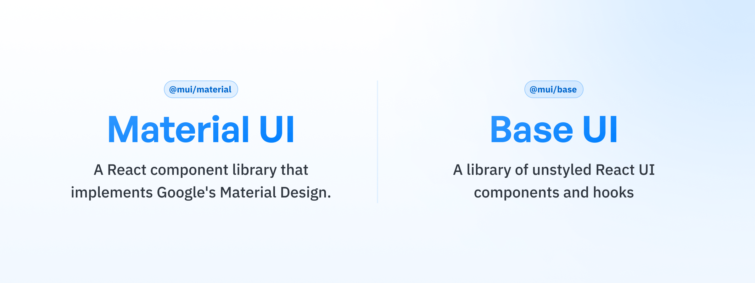 Material UI vs. Base UI: independent but related products.